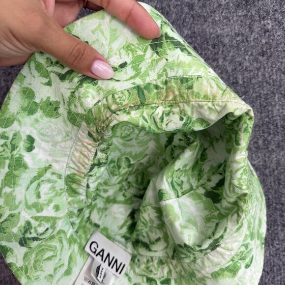 Ganni Bucket Hat XS/S Printed Cotton Poplin Bucket in Green Floral Canvas Summer